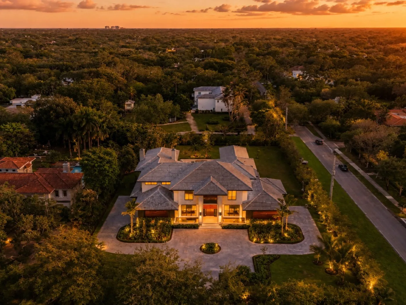 Aerial view of a Pumayna residence at sunset
